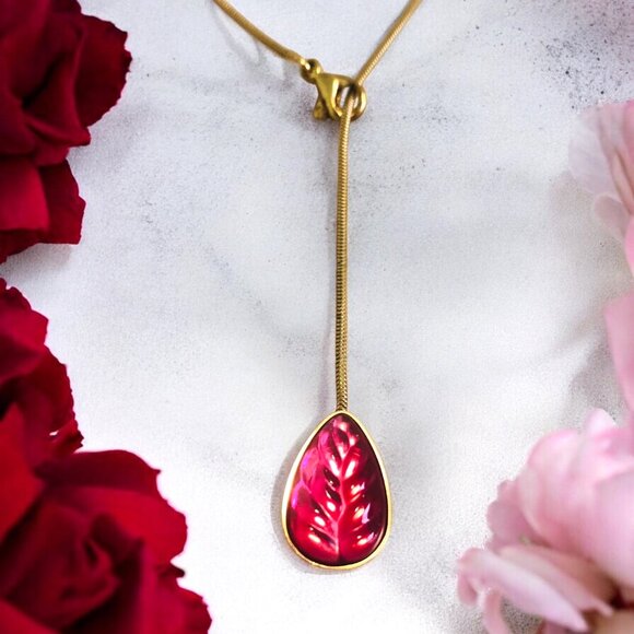 LALIQUE -France Vintage Art Deco Ruby Heliconia Pendant Necklace 18K Gold Plate - Picture 2 of 6